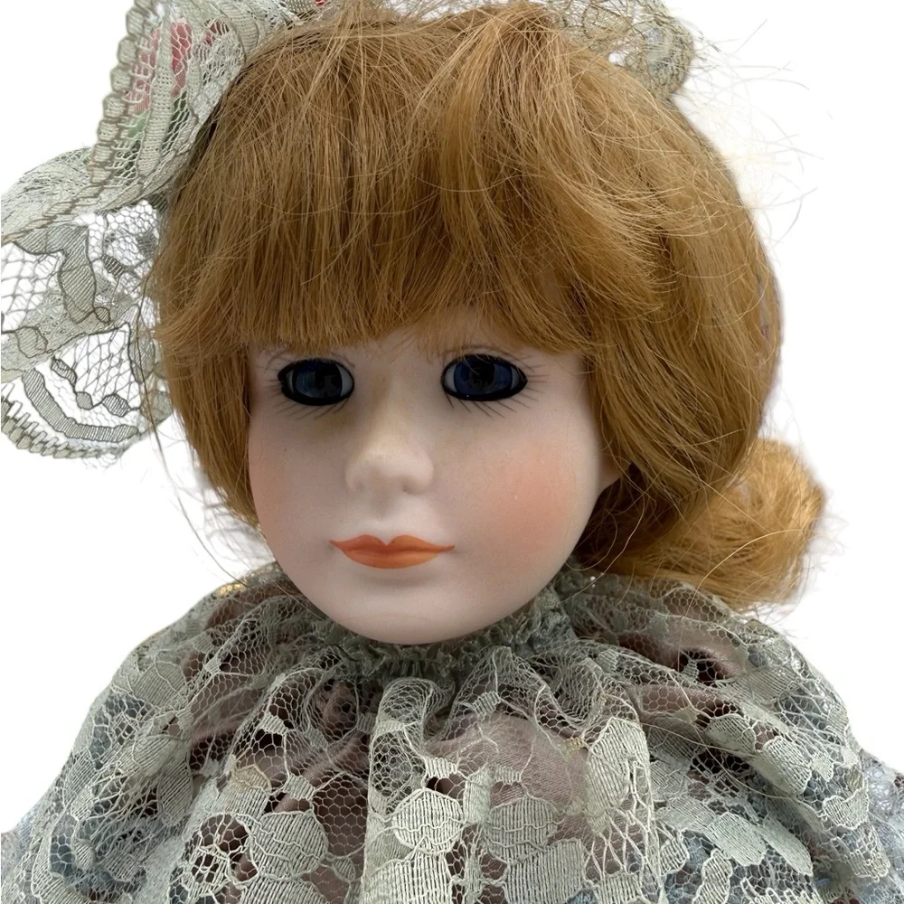 Porcelain Doll Bust Head on Stand with Lace Dress and Hat - Picture 6 of 8